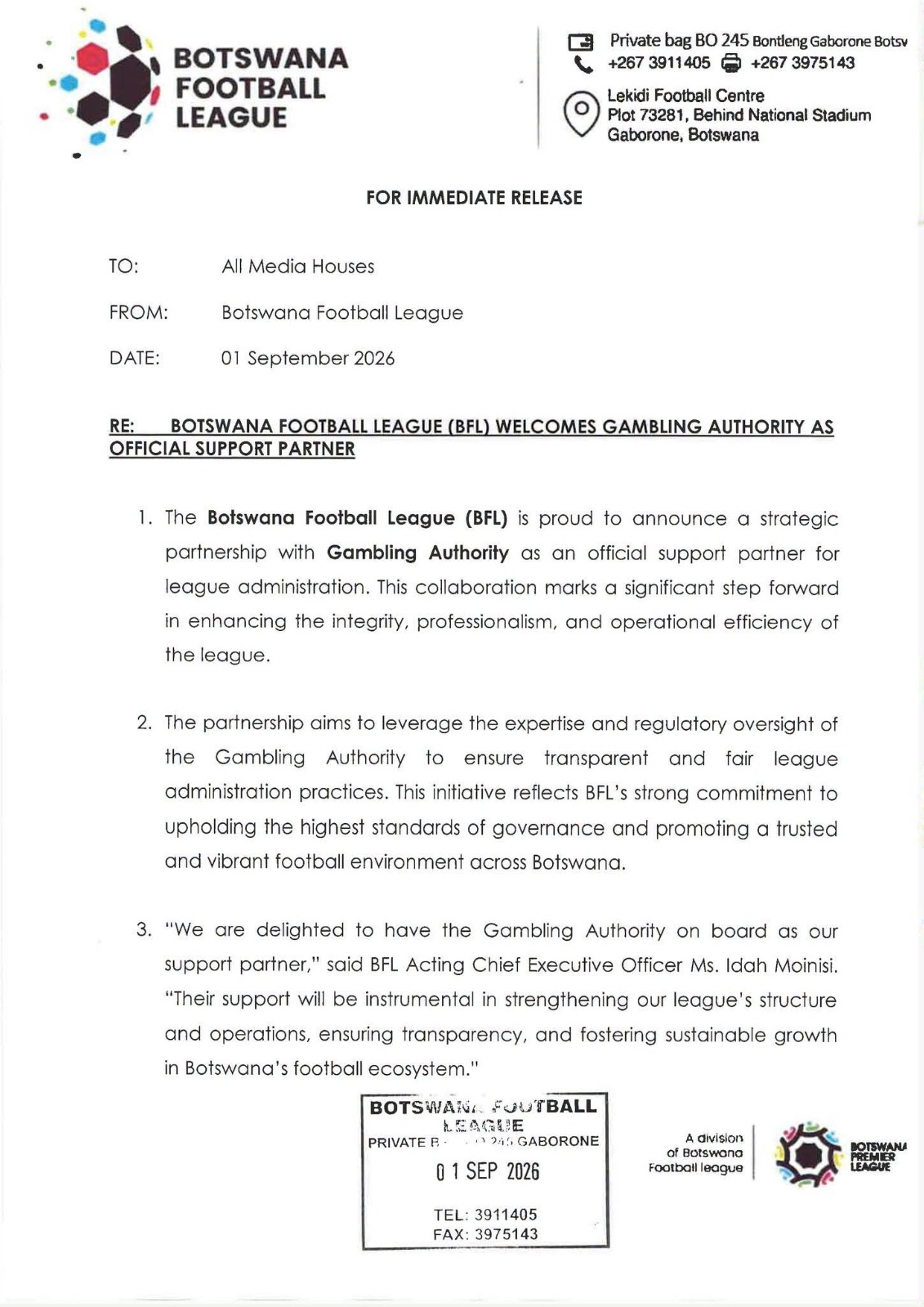 Gambling Authority Joins BFL As Official Support Partner